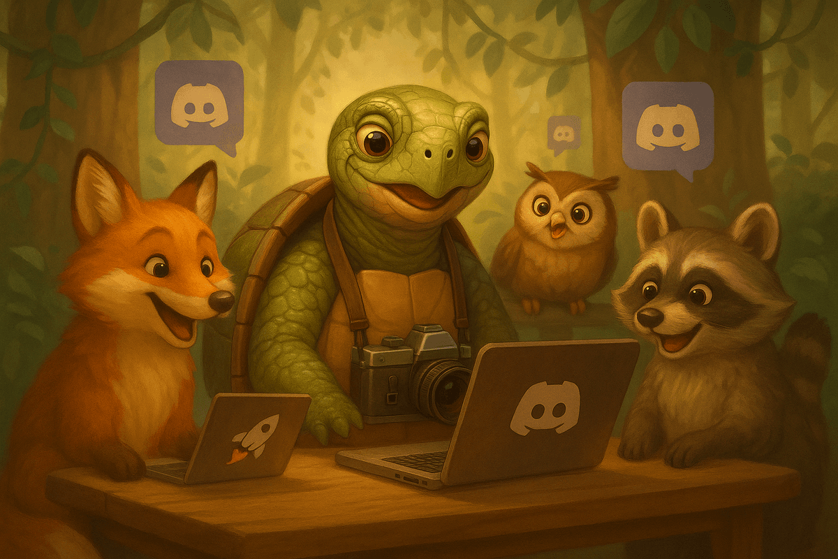 SnapTurtle and friends using Discord together in the woodland.