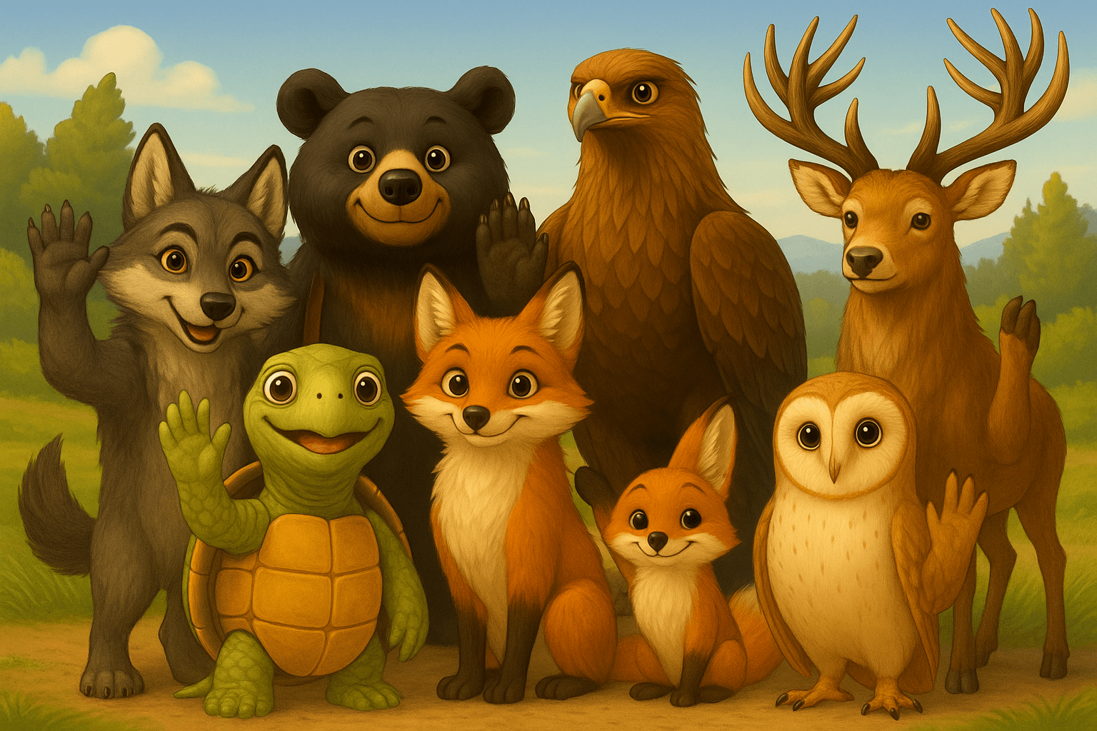 SnapTurtle and woodland friends waving goodbye