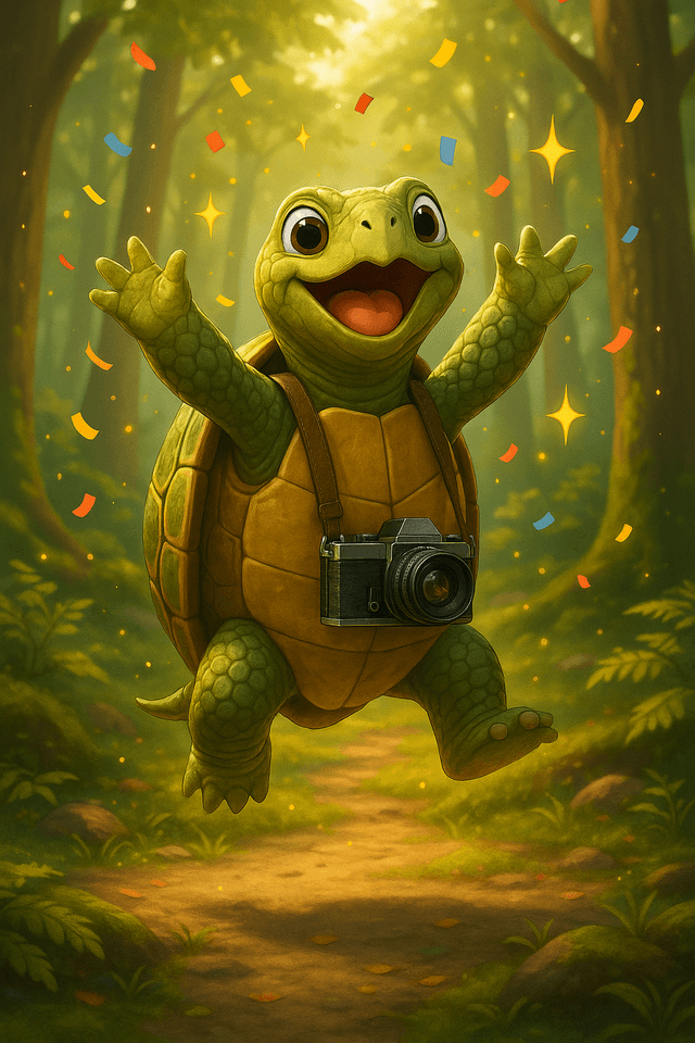 SnapTurtle mascot celebrating in the woods